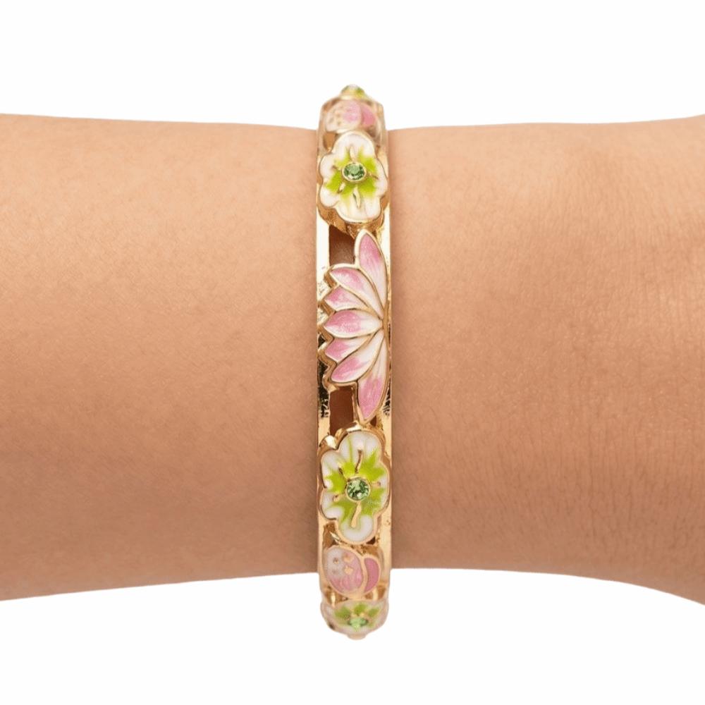 Gold Plated Enamel Floral Bangle Elegant Lotus Floral Open Cuff Bracelet Cloisonne Bangle Ladies