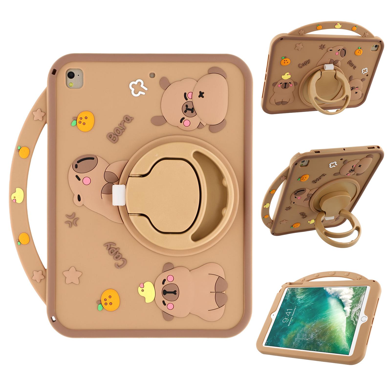 

For iPad 9.7-inch (2018)/(2017) Silicone Case with Handle 360 Degree Rotating Kickstand Protective Cover Capybara Pattern A