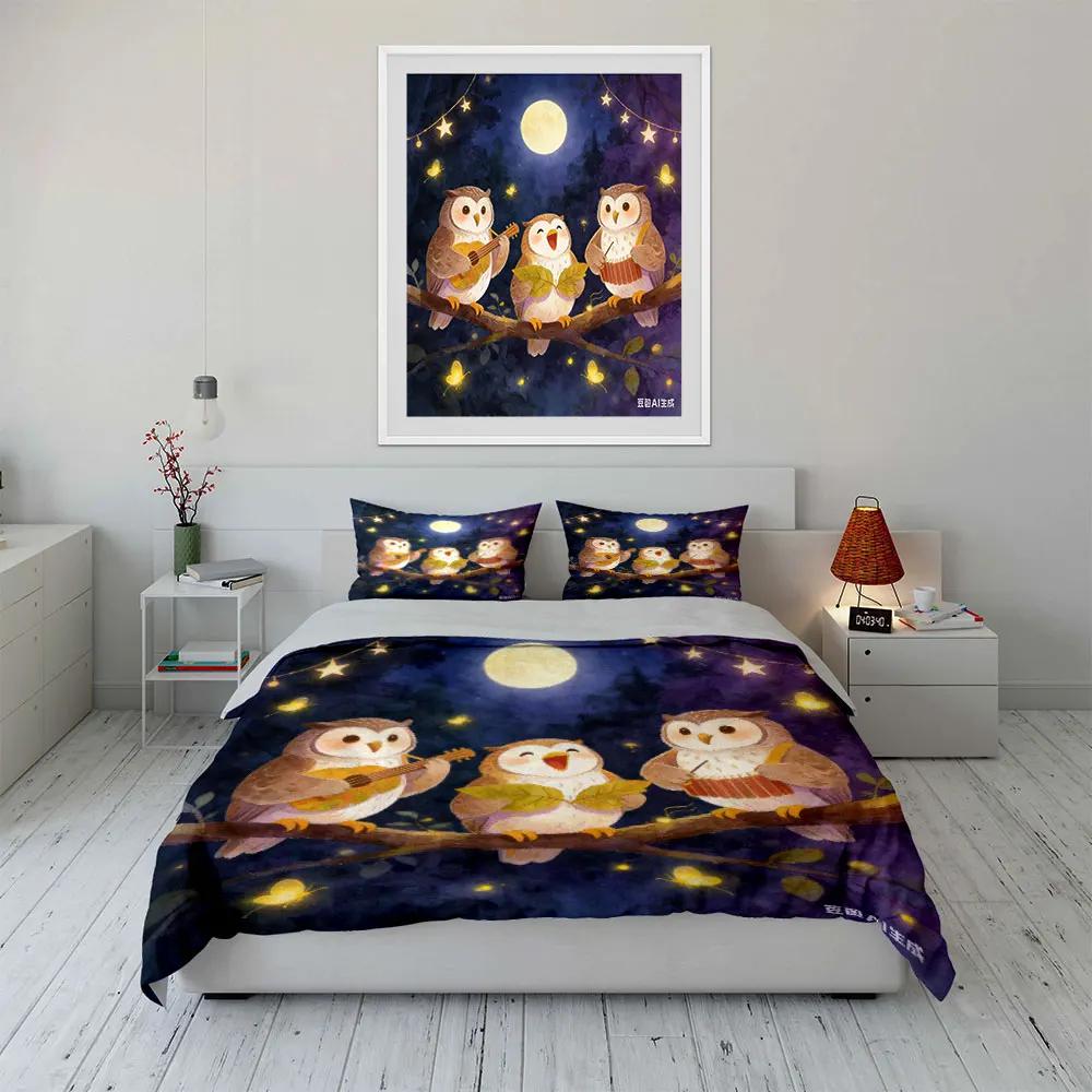 Owls Musical Trio Art 3PCMultiple Sizes Kid's and Adults' Bedroom Exquisite 3PC Bedding Set Gift