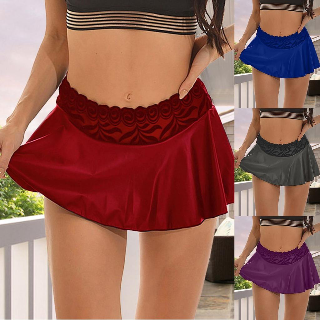 Ladies Erotic Lingerie Sexy Casual Solid Color Lace Stitching Skirt