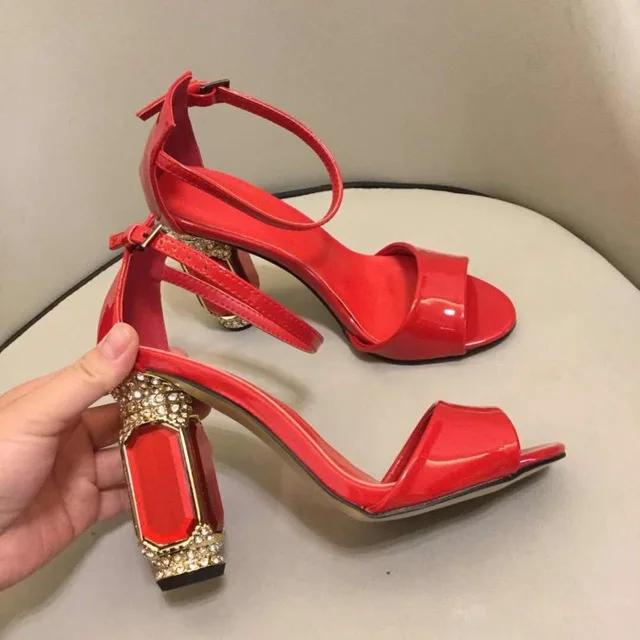 Red Patent Leather Gemstone Rhinestone Heel Bling Bling Women Sandals Ankle Strap Open Toe Chunky Heel Summer Sandals