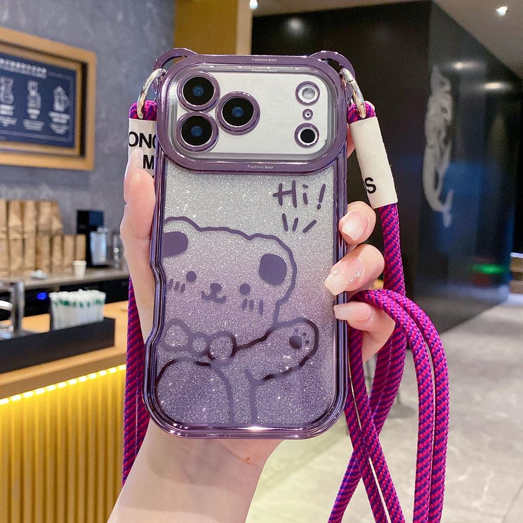 For IPhone17promax Phone Case Cartoon Teddy Bear for Apple 16 Electroplated Glitter 15 with Lanyard Protective Cover