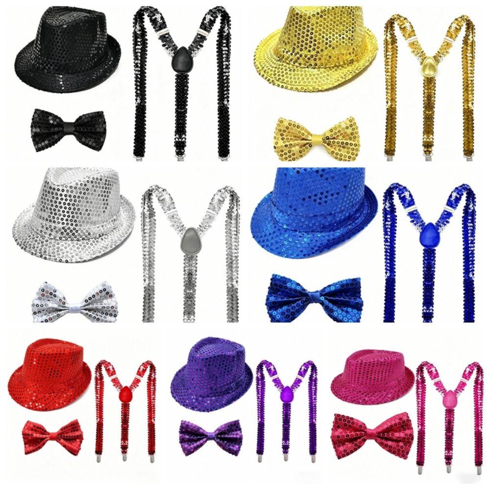 Performance Sequined Hat Solid Color Suspenders Fashion Performance Props Set  Christmas