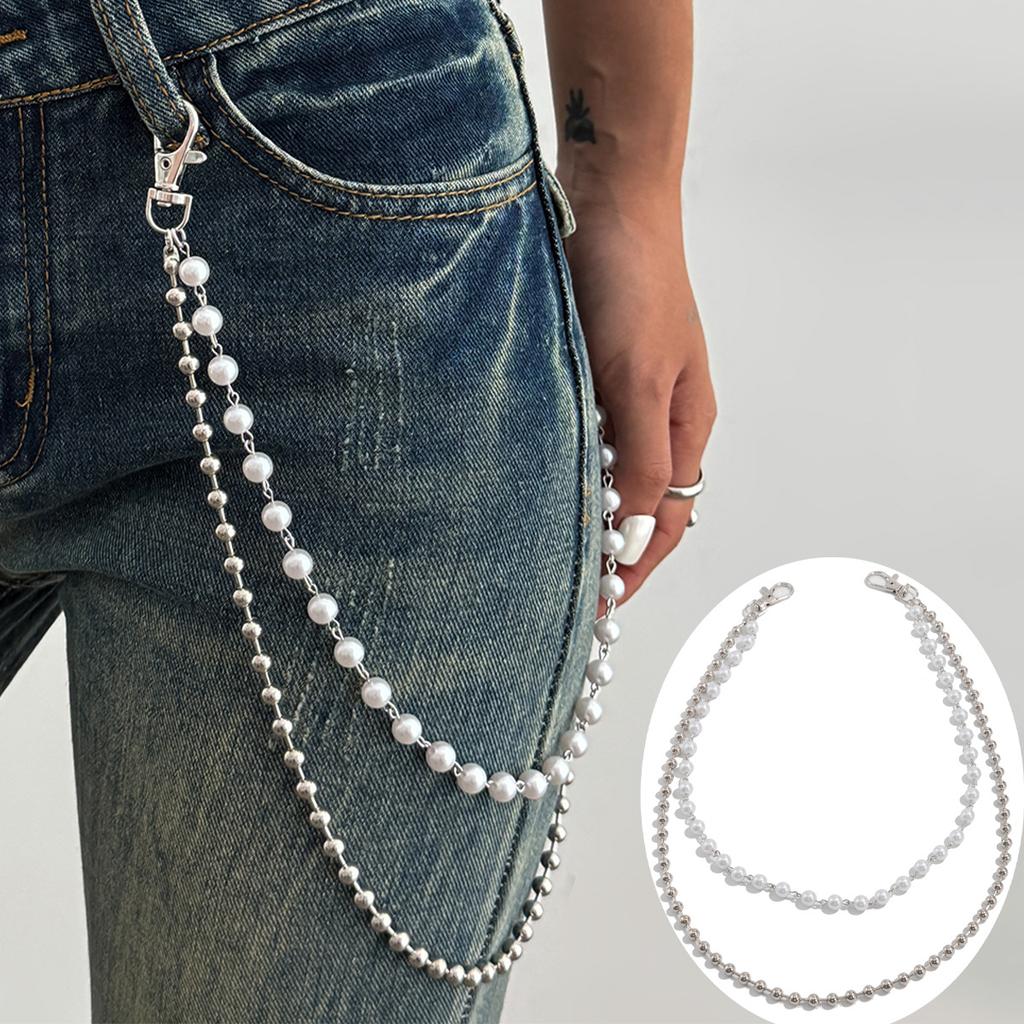 Hip-Hop Cross Pendant, Jeans Chain Pendant, Retro Imitation Pearl Beaded Waist Chain Pendant.