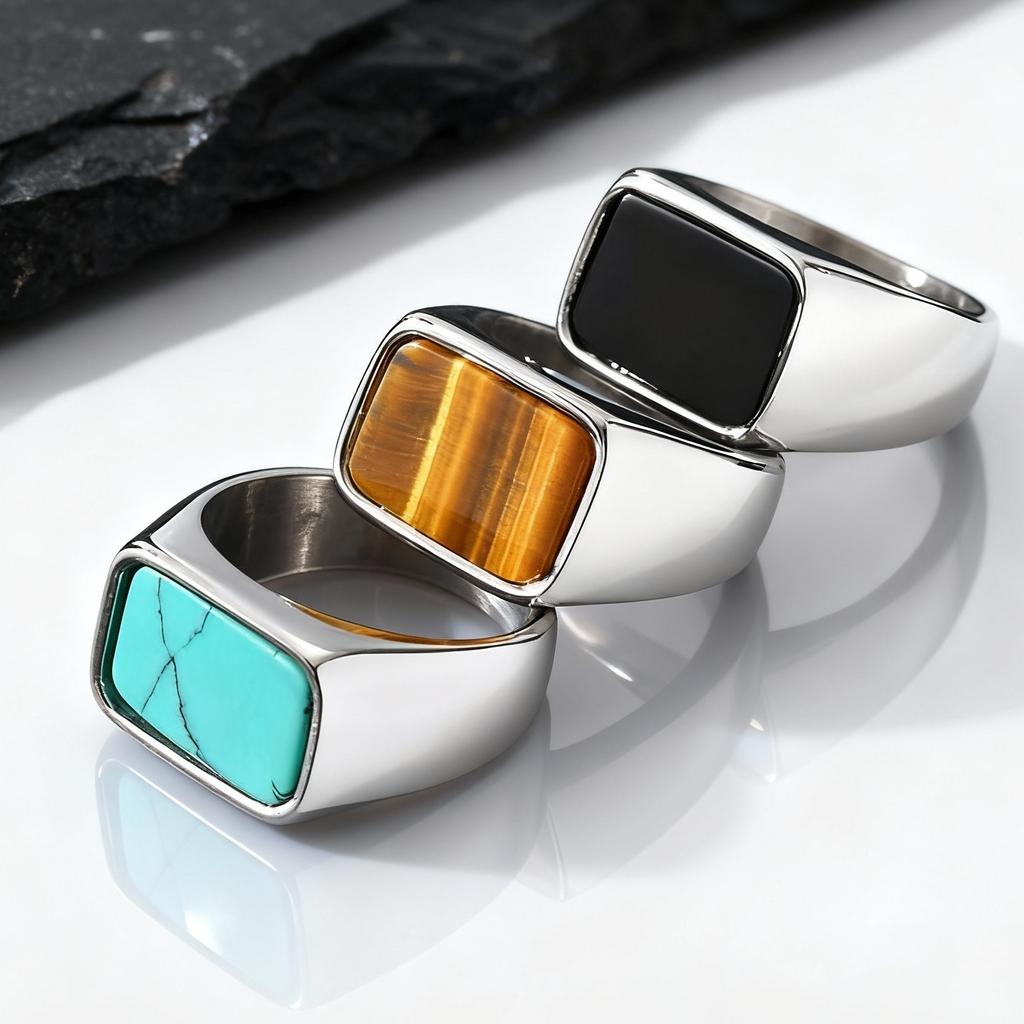 Trendy Men's Square Natural Stone Ring,Stainless Steel Turquoise Tiger Eye Stone Ring,Silver Color Thumb Ring Signet Ring Gift