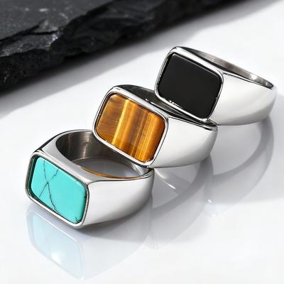 Trendy Men's Square Natural Stone Ring,Stainless Steel Turquoise Tiger Eye Stone Ring,Silver Color Thumb Ring Signet Ring Gift
