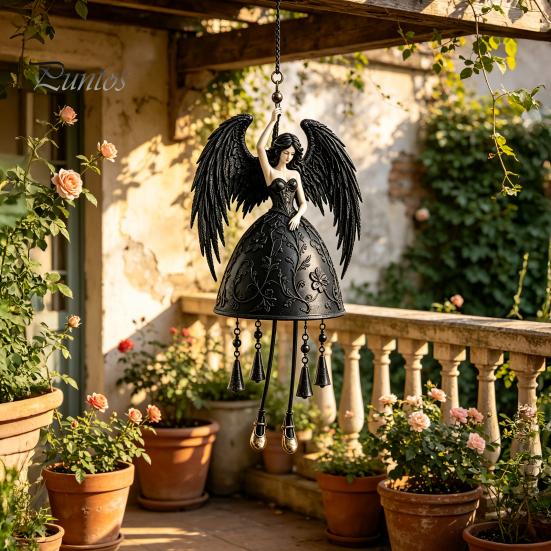 Gothic Wind Chime Dark Angel Chime, Winged Black Memorial Hanging Windbell for Outdoor Garden Porch Patio Decor Elegant Accessory