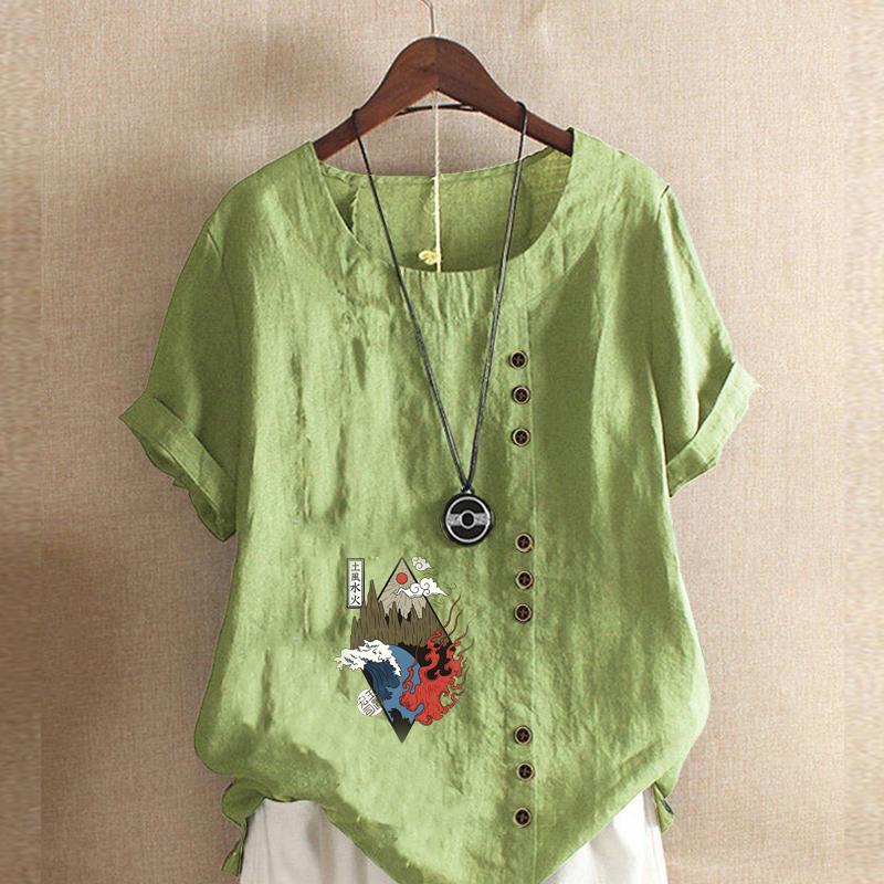 Damenmode Rundhals Kurzarm T-Shirt Lässig Baumwolle Leinen Grafikshirt Freizeit Locker Flame Mountain Bedruckt Sommerbluse Tops