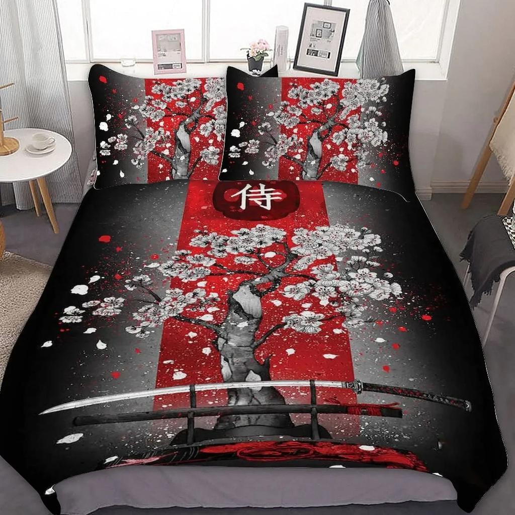 Set Letto Samurai Giapponese, Copripiumino con Siluetta di Edificio Paesaggio Tramonto Giappone per Uomini Adolescenti, Nero Rosso
