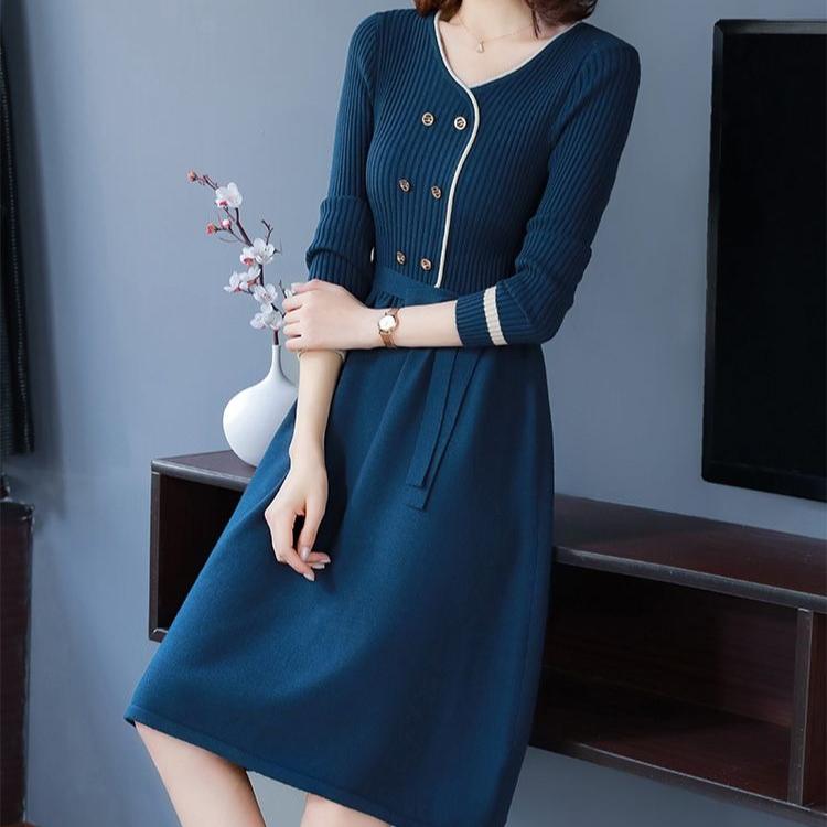 

Mid-length Cinched-waist Knitted Dress for Women Solid Color Slim V-neck Sweater Dress Autumn and Winter Lace-up Dress M синий