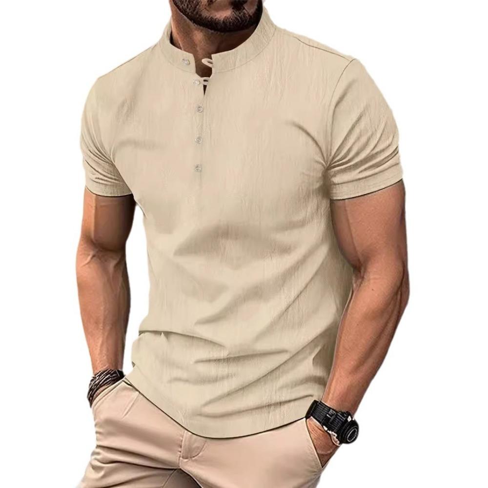 Men's Cotton and Linen Solid Color Casual Short Sleeved Shirt