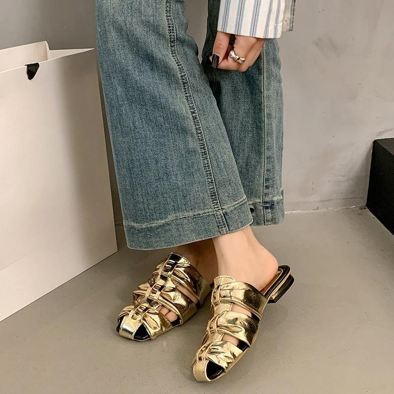 Spring and Summer New Cutout Woven Baotou Half Slippers Women's Square Toe Cutout Versatile Low Heel Outside Sandals