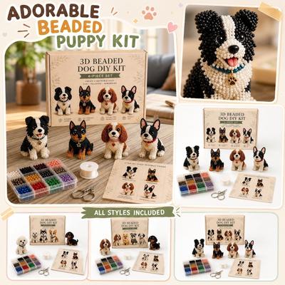 3D Beaded Dog DIY Kit 4 Piece Set with Beads Scissors Thread and Instructions for Handmade Beadwork Projects and Crafting