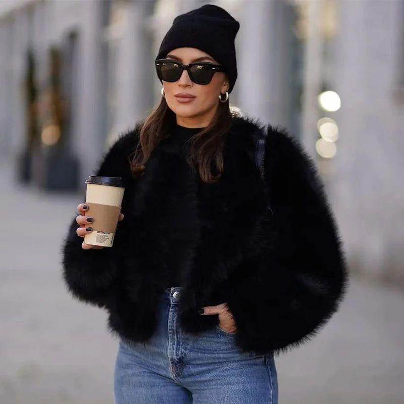 Fall and Winter Coat Short Women's Casual Fashion Street Style Imitation Fox Fur Fur Women's Fur Round Neck Tops Coat