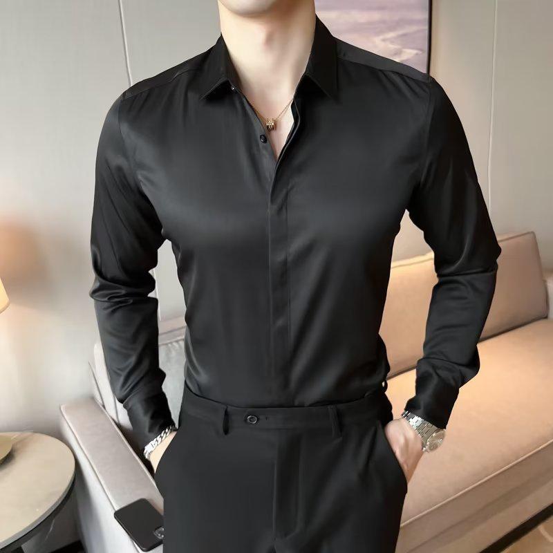 Men's High-End White Satin Long-Sleeve Shirt - Spring & Autumn Fashion