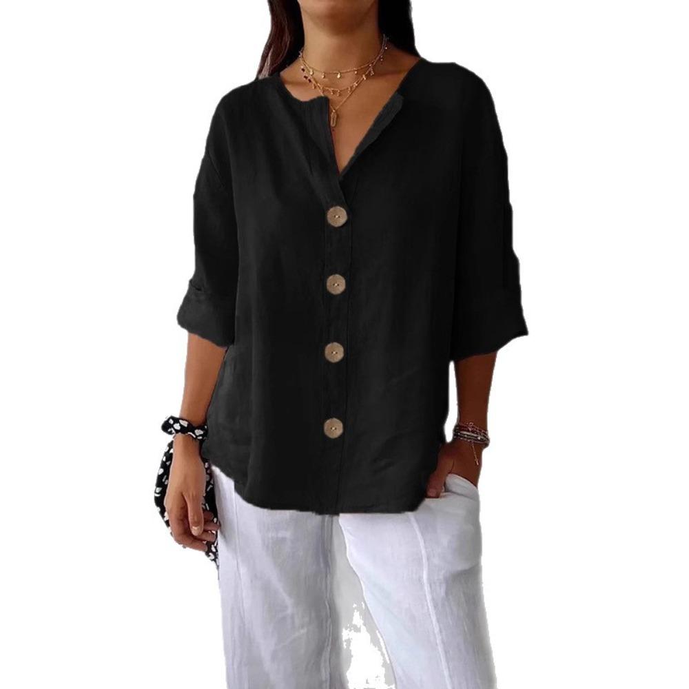 Spring and Summer New Fashionable Loose Fitting Women's V-neck Cotton Linen Button T-shirt Top for Women