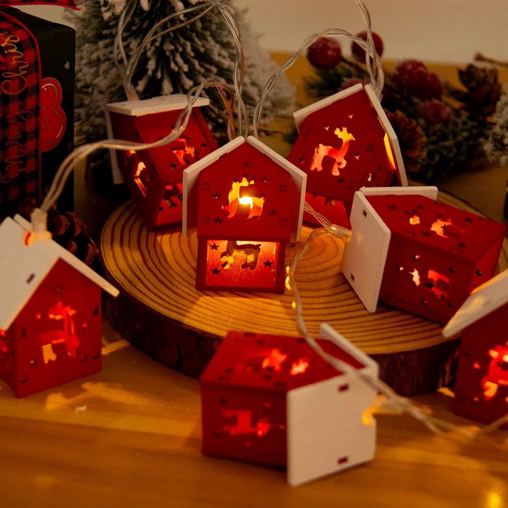 1.5M 10LED Christmas Wooden House LED String Light Xmas Tree Hanging Ornament Christmas Decoration For Home Navidad Gifts 2025