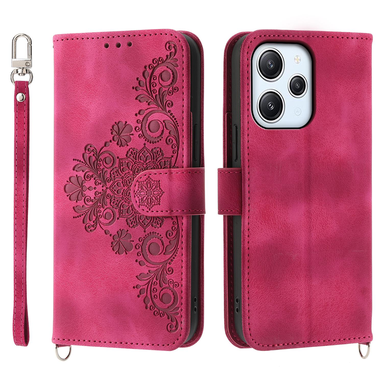 

Phone Case for Xiaomi Redmi 12 4G,Imprinted Flower Stand Wallet Leather Cover with Wrist Strap+Shoulder Strap Wine Red