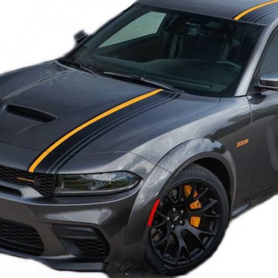Rear Racing Stripes Car Sticker Decals 2x7.2ft For Dodge Challenger Charger Hood White+Yellow