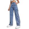 Womens Rigid Straight Fit Denim Pants With Multiple Pockets Vintage Washed Blue High-Waisted Casual Jeans