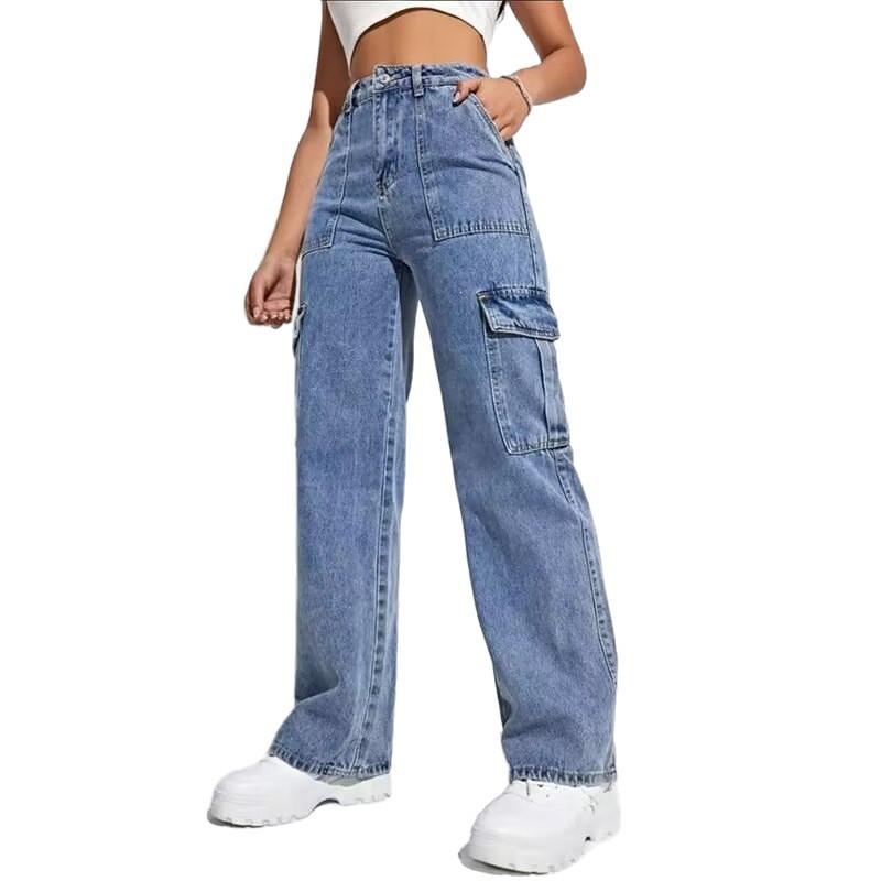 Womens Rigid Straight Fit Denim Pants With Multiple Pockets Vintage Washed Blue High-Waisted Casual Jeans