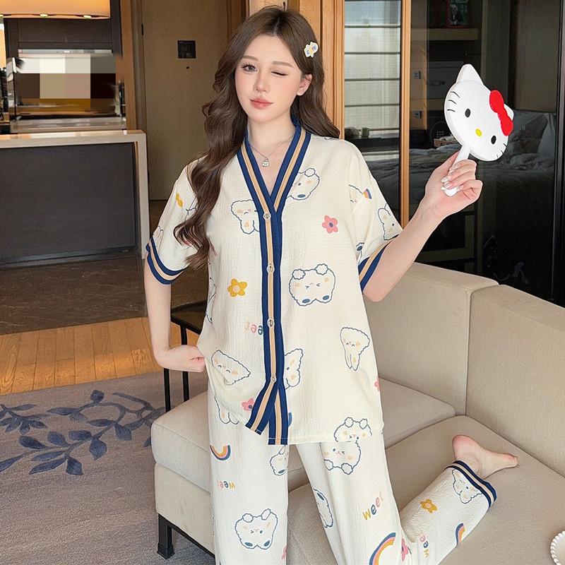 Cartoon cute pajamas women's summer thin bubble foam two-piece set short-sleeved 1011 new cartoon cardigan loungewear