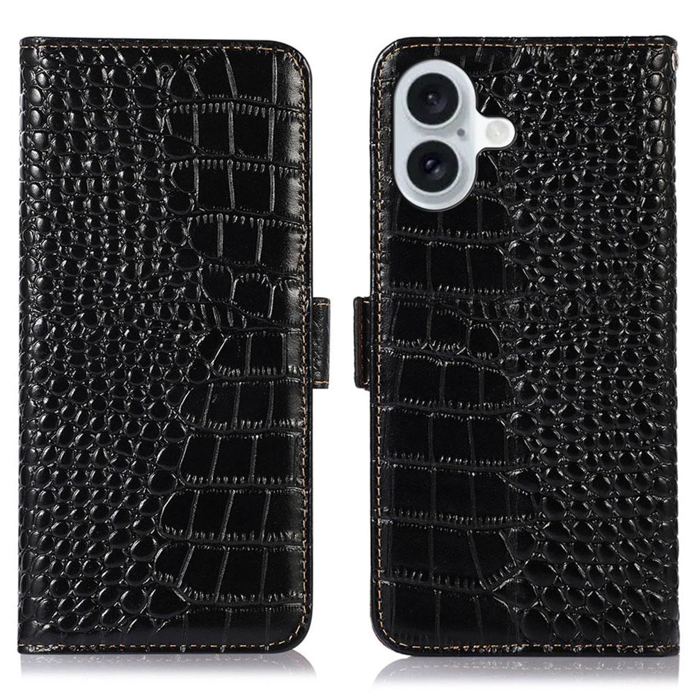 

For iPhone 17 Case Crocodile Texture Genuine Cow Leather Phone Wallet Cover Black