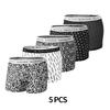 5pcs Plus-size Men's Summer Trend Printed Ice Silk Breathable Mid-waist Flat Angle Underwear