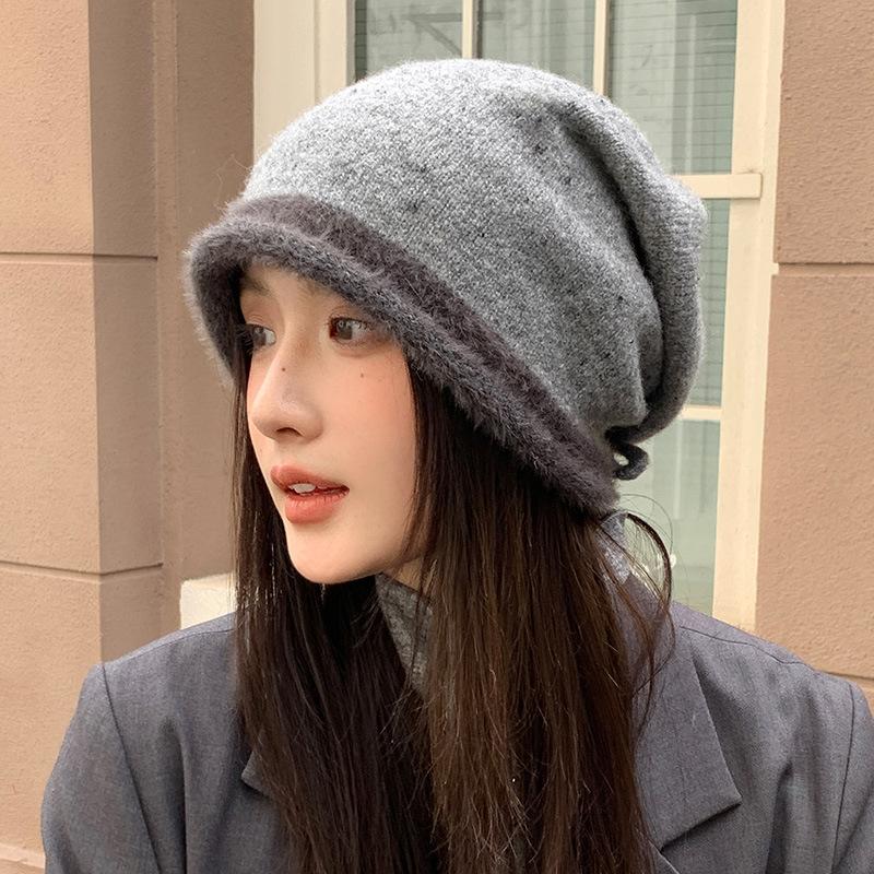 Autumn and winter ear protection warm bag head hat women's big head circumference showing face small pile hat color matching versatile knitted hat