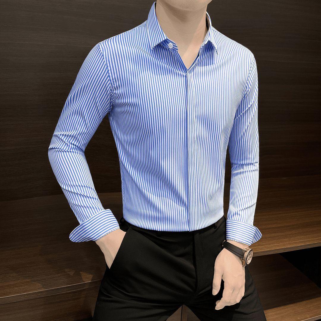 Casual Striped Men s Shirts Long Sleeve Slim Fit Iron Free Trendy Workwear Button Design Versatile Spring Autumn  Fashion Shirts M синий