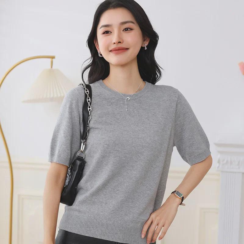 Spring Cotton Knit Short Sleeve Outerwear - Round Neck Loose Fit Solid Color Top