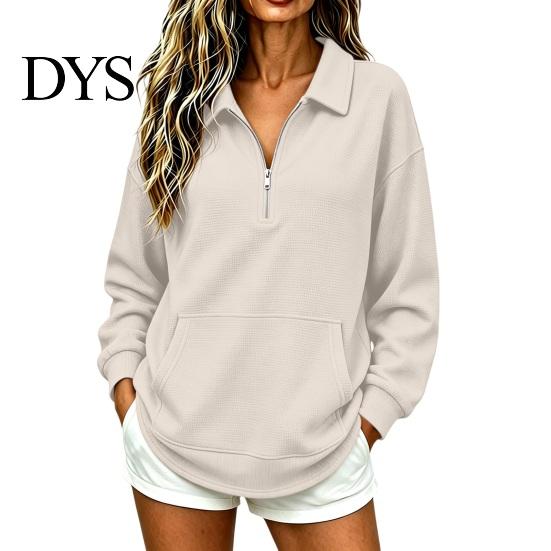 Casual Waffle Sweatshirt Women Half-zip Sweatshirt, Long Sleeve Pullover Top with Kangaroo Comfortable Pockets Pocket, Loose Fit Lapel for Fall Winter