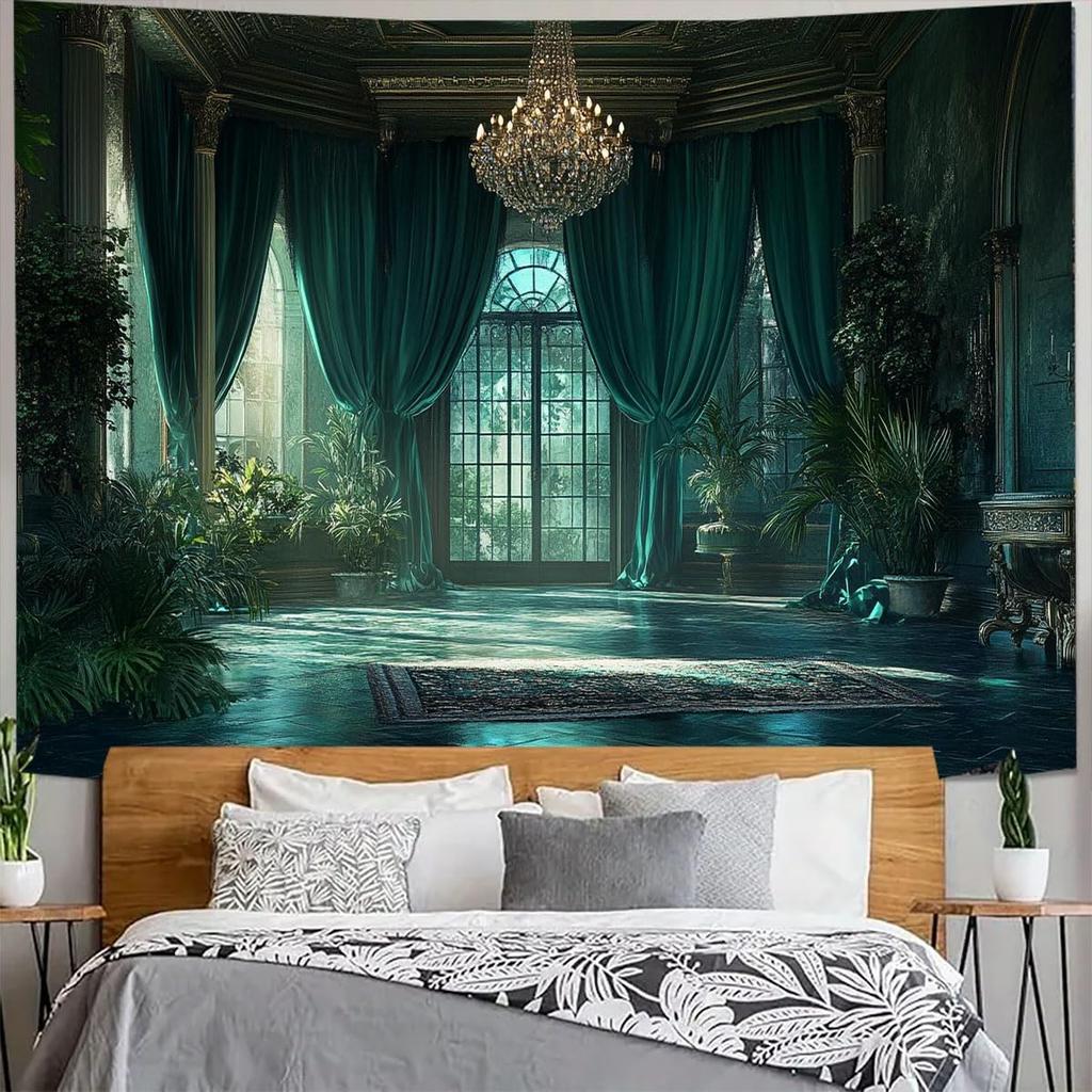 Spring Window View Tapestry Wall Hanging Garden Green Forest Scene Outside Vintage Window Crystal Light Wall Decor For Bedroom