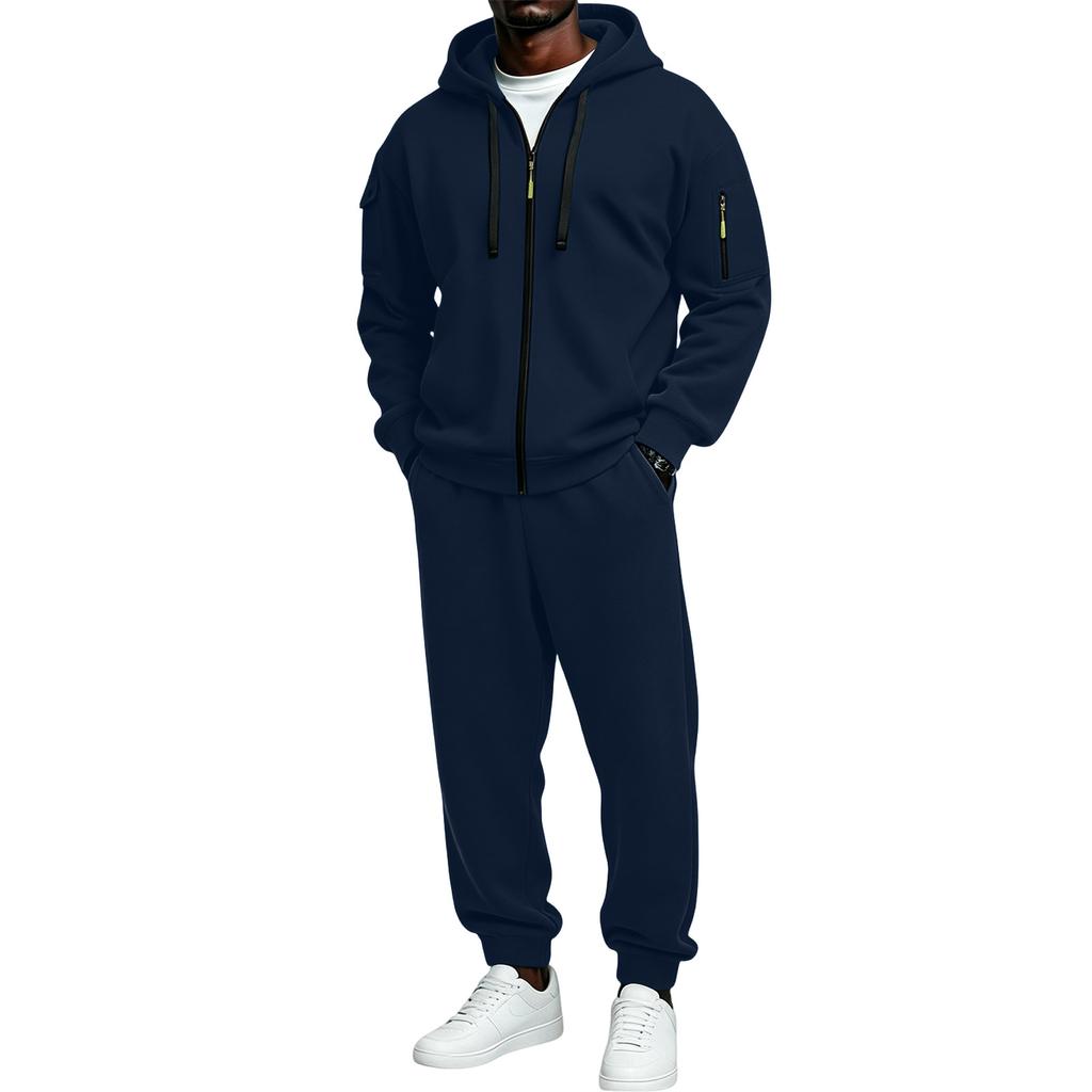 Men's Full Zip Hoodie Sweatshirt and Black Pants Sport Casual Two Piece Outfit Set