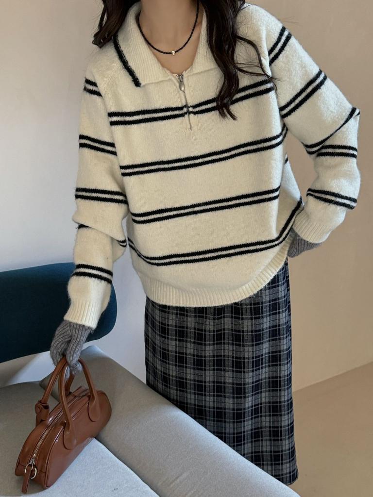 Lapel Color Matching Striped Pullover Sweater Women's Autumn and Winter New Loose and Versatile Knitted Sweater Top