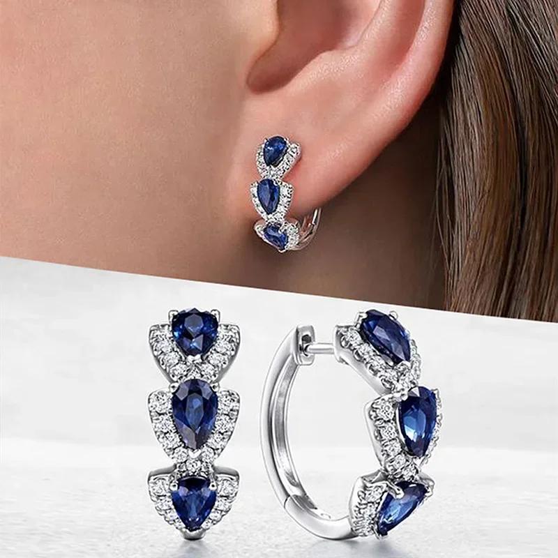 Royal Blue Zircon Oval Earrings Fashionable High-End Design Accessories for Banquets Personalized Simple Zircon
