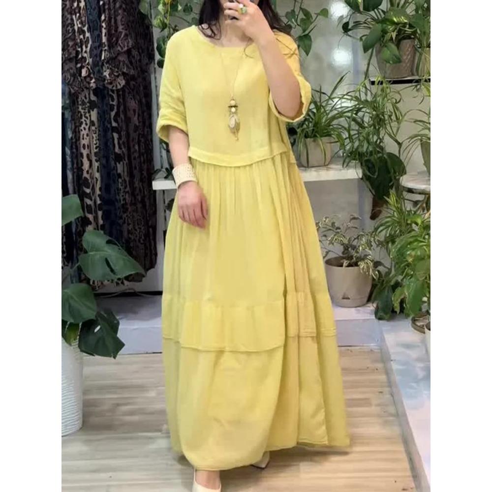 

Женский однотонный повседневный топ с круглым вырезом и короткими рукавами, платье миди с оборками на средней талии S