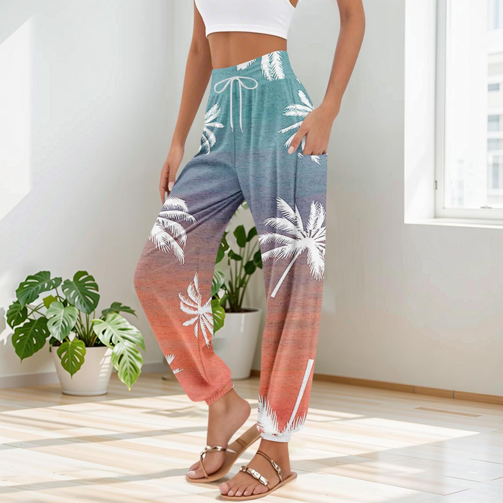 

Женские брюки с карманами и завязками на талии, повседневные брюки с гавайским принтом для занятий йогой L