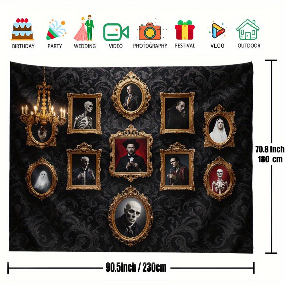 One Halloween decoration scene with a terrifying mansion background, featuring a dramatic Gothic skull portrait design