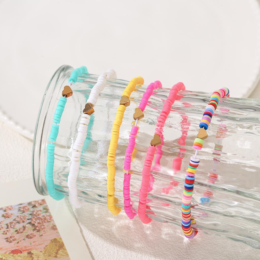 Multicolor Heishi Beaded Golden Heart Charm Bracelet Set for Women Summer Beach Jewelry Gift