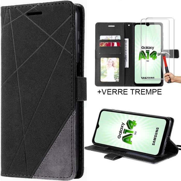 Coque Flip Case pour Samsung Galaxy A14 4G/5G Effect Cuir Noir + 2 Verres Trempés