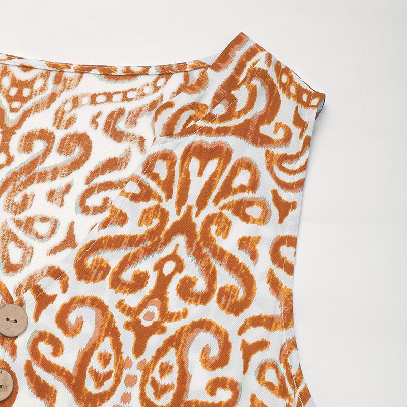 New Women's Abstract Print Sleeveless V-Neck Maxi Dress, Flowy Bohemian Long Dress for Summer Beach & Party