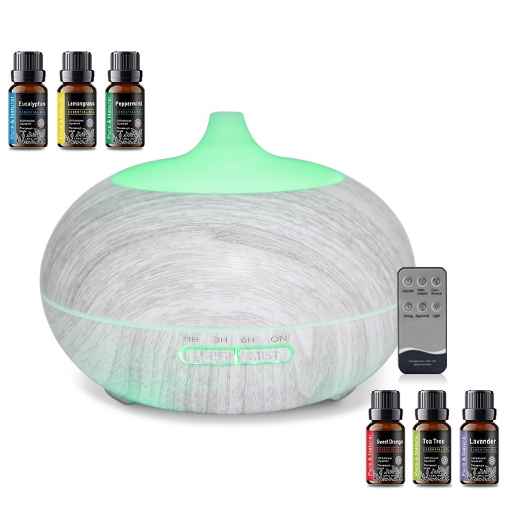 Wood Grain Essential Oil Diffuser 550ml Remote Control, 6 Aromatherapy Oils, 7 Color Changing LED Light for Home, Office, Yoga