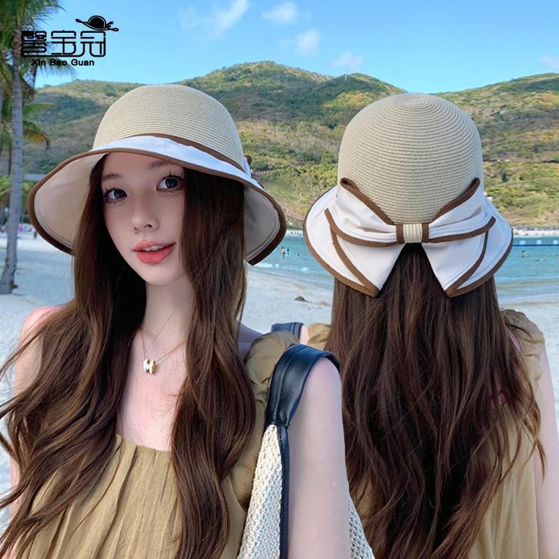 8456 Spring and summer bow bucket hat travel versatile sun hat children splicing sunscreen shade straw hat