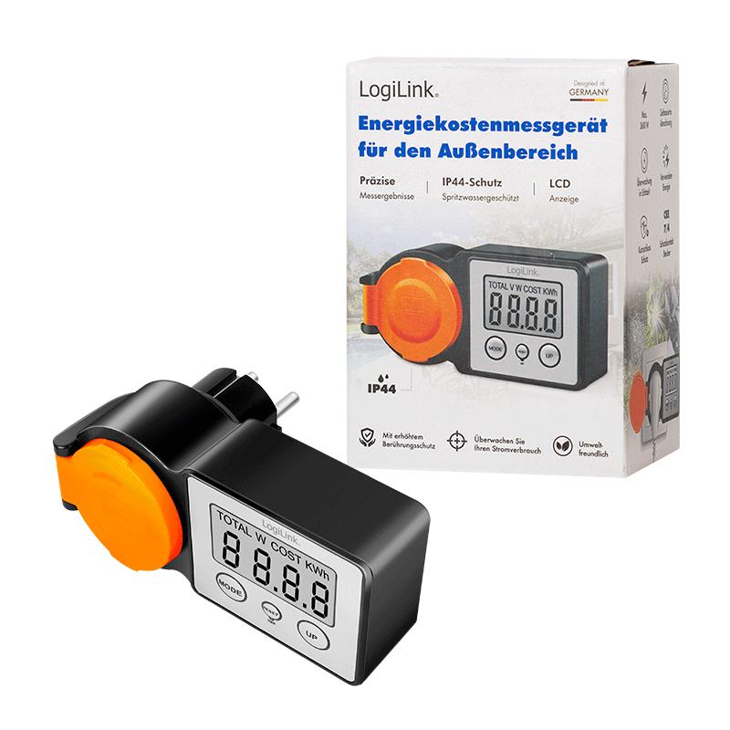 LogiLink IP44 LCD 3600 W CEE 7/3 + 7/7 Outdoor Socket with Energy Meter Black