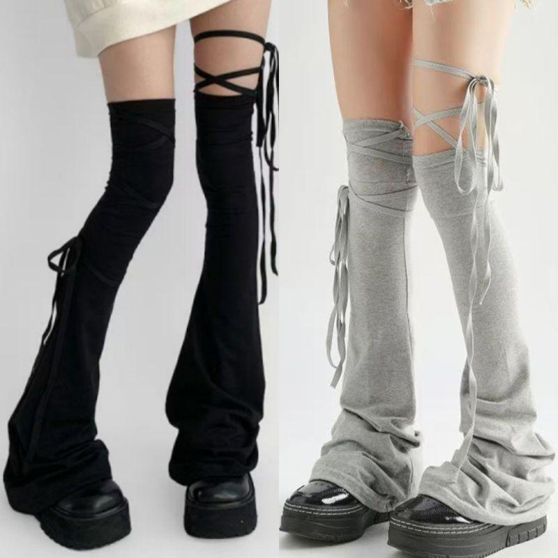 Y2K Harajuku Leg Stockings Black White Grey Gothic Lolita Over Knee High Sock Lolita Over Knee Leg Cuffs Punk Lolita Flared Sock