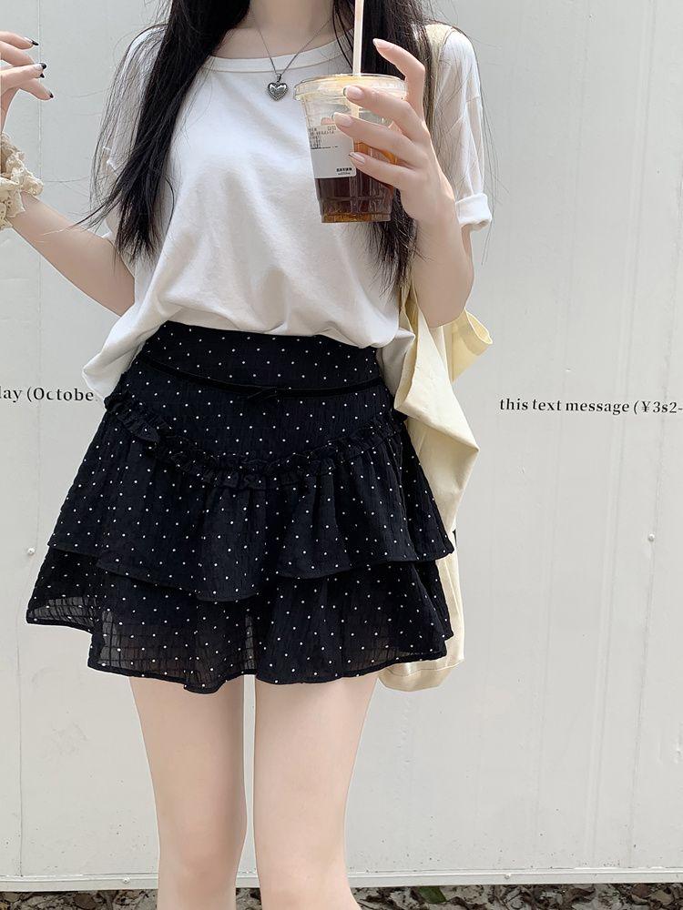 High-Waisted Slimming Ballet-Style Mini Skirt For Women Summer Sweet A-Line Skirts With Dots Print Bow