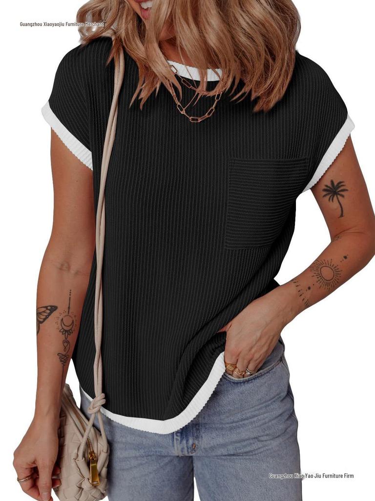Women's Short Sleeve Ribbed Knit T-shirt - Casual Spring/Summer Top