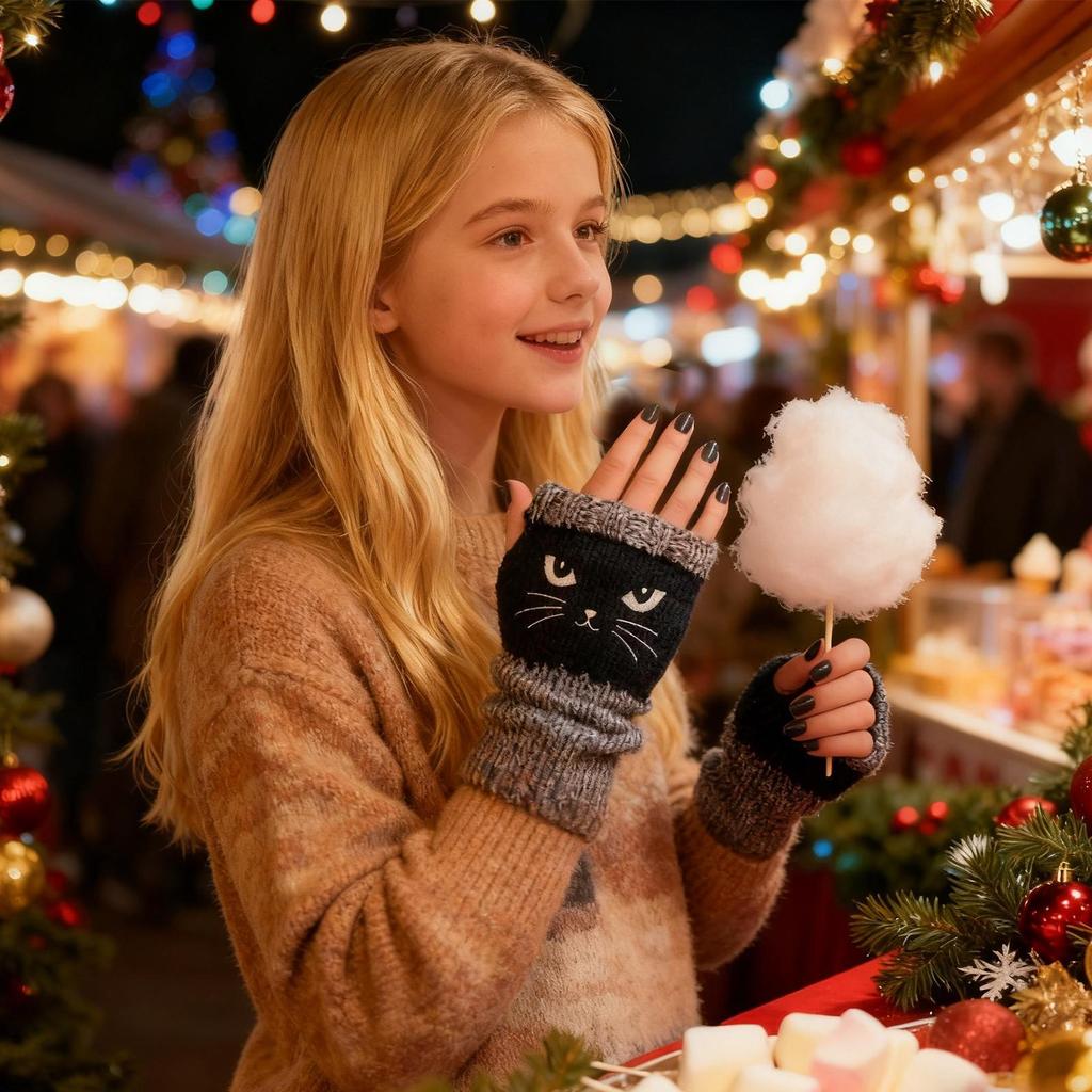 Embroidered Cat Gloves Women's Cotton Fingerless Gloves Knit Block Stitching Mittens Women's Fingerless Gloves