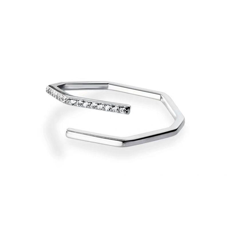 Korean Style Adjustable Open Ring with Rhinestone Inlay - S925 Sterling Silver Plated, Geometric Design for Women